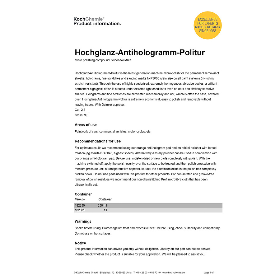 HOCHGLANZ-ANTIHOLOGRAMM-POLITUR M2.01 - Финишная политура (250 мл)